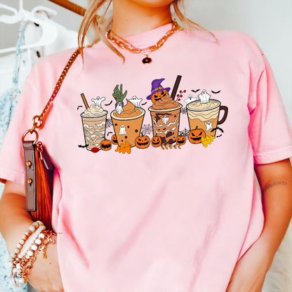 Teesdily | Halloween Coffee Pumpkin Fall Shirt, Retro Coffee Latte Pumpkin Ghost Shirt, Spooky Coffee Sweatshirt Hoodie Mug, Happy Halloween Gifts