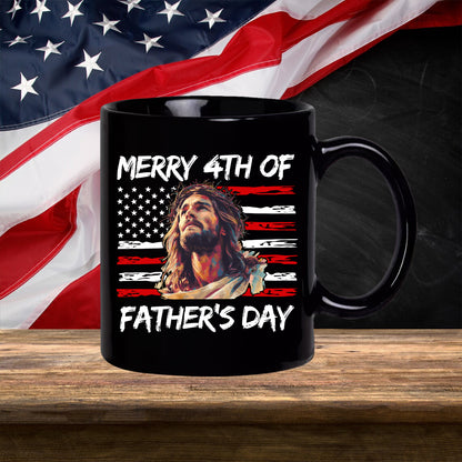 Teesdily | Jesus Dad American Flag T-shirt, Merry 4th Of Father's Day Sweatshirt, Happy Independence Day Gift, Dad Shirt Hoodie, Christian Mug Cup