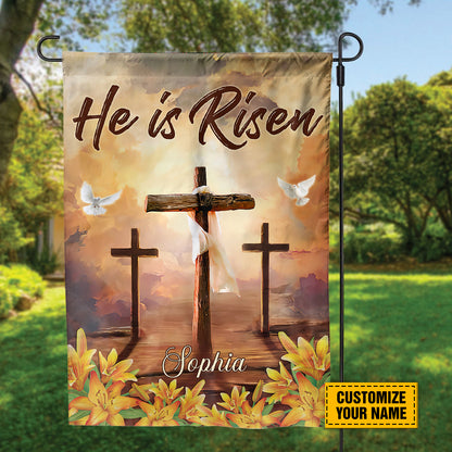 Teesdily | Jesus Christ Cross Customized Garden Flag He Is Risen Lily Floral House Flag Easter Day Home Garden Outdoor Decor