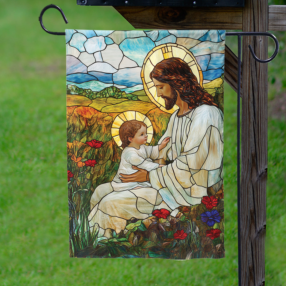 Teesdily | Jesus Blessing The Children Garden Flag, God With Children Flower Stained Glass Printed Flag Yard, Christmas House Flag