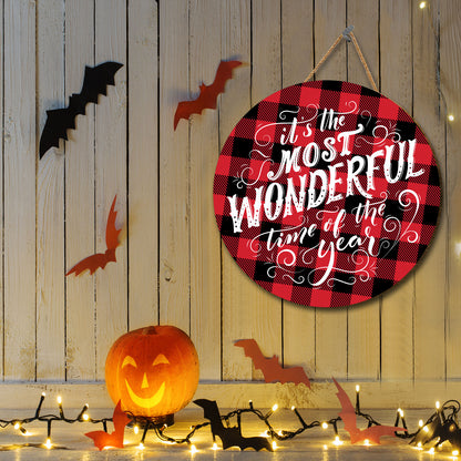 Teesdily | It's The Most Wonderful Time Of The Year Christmas Quote Wood Sign Plaid Pattern Round Home Sign House Office Decor Christmas Gift