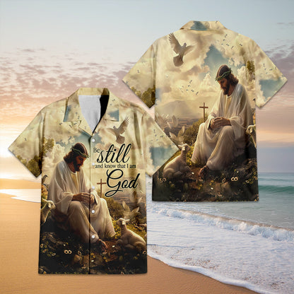 Teesdily | Jesus And Lamb Of God Hawaiian Shirt, Be Still & Know That I Am God Hawaii Shirt, Christian Cross Aloha Hawaii Set, Button Shirt, Dad Gift