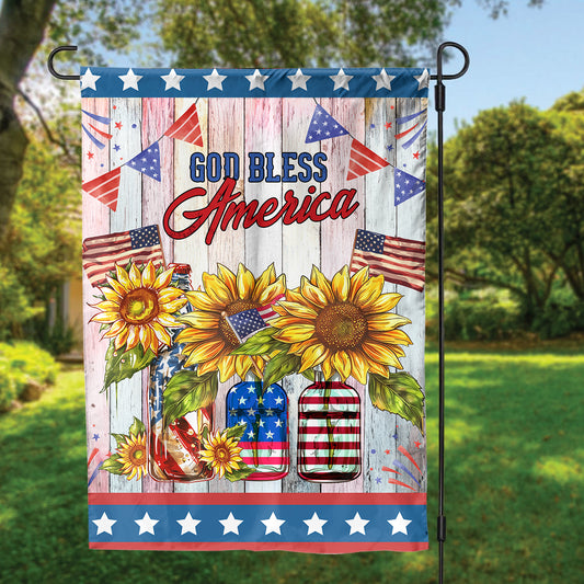 Teesdily | Sunflower American Flag Garden, God Bless America Flag Home, Jesus Sunflower Banner Decor House Flag, Happy Independence Day Gifts