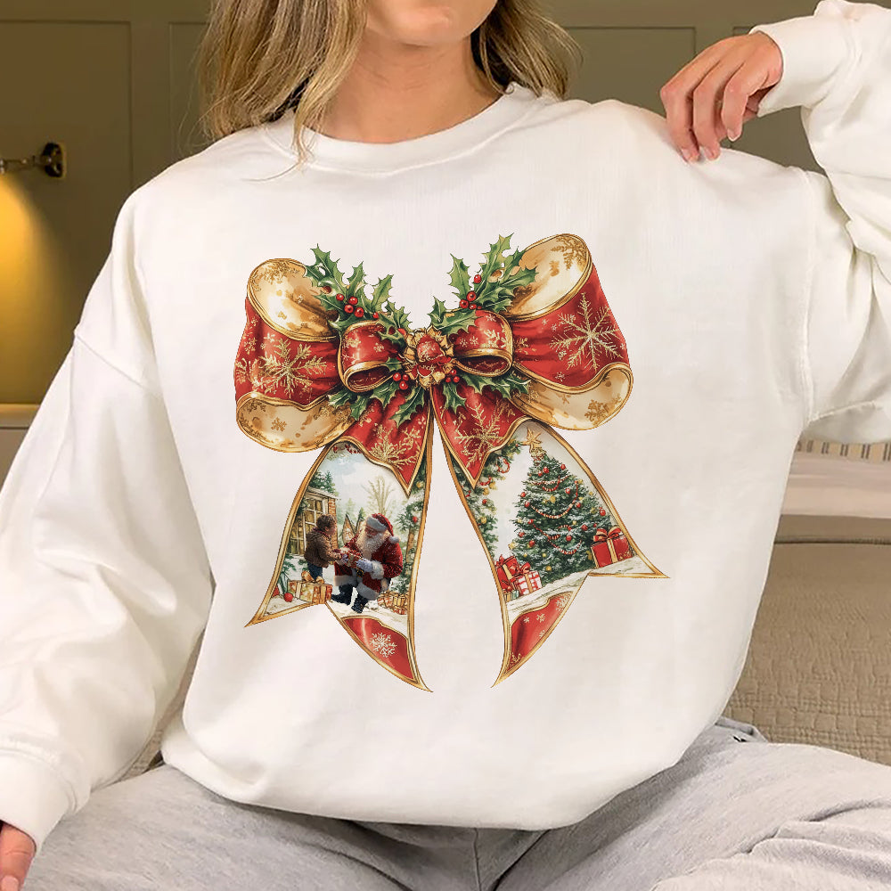 Teesdily | Coquette Bow Christmas Shirt, Merry Christmas Red Coquette Sweatshirt, Santa Claus And Children Hoodie Mug Xmas Gift