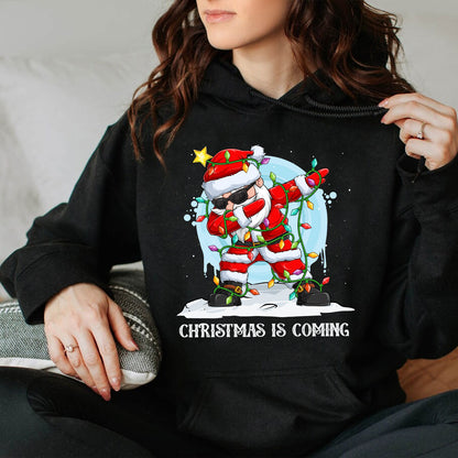 Teesdily | Funny Santa Dancing Shirt, Christmas Is Coming Sweatshirt, Santa Christmas Lights Hoodie, Family Matching Shirt For Holiday