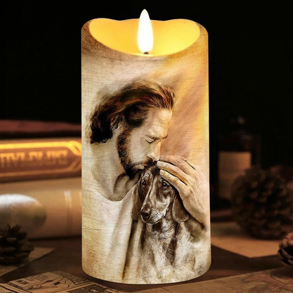 Teesdily | Customized Jesus With Dogs Memorial Led Candle, Pet Sympathy Gift, Dog Mom Gift, Memorial Dog Led Candle