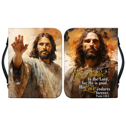 Teesdily | Jesus Portrait Painting Personalized Bible Cover, Jesus Christ Easter Thanksgiving Bible Bags, Give Thanks To The Lord, Spiritual Gift Idea