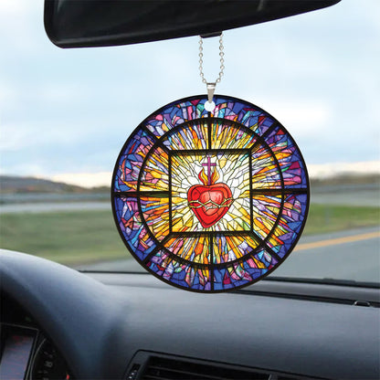 Teesdily | Jesus Sacred Heart Stained Glass Print Window Car Hanging Ornament Jesus Christ Acrylic Car Mirror Hanging Christmas Xmas Tree Decoration