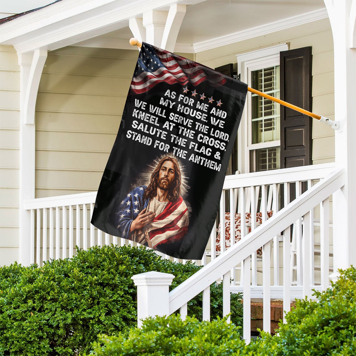 Teesdily | Jesus American Garden Flag, As For Me And My House, We Will Serve The Lord House Flag, American Patriotic Flag, Jesus Outdoor Decor Gift