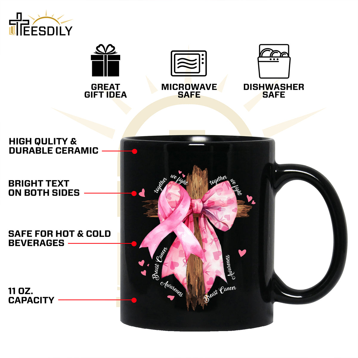 Teesdily | Pink Bow Cross Breast Cancer Shirt, Jesus Breast Cancer Sweatshirt, Together We Fight Cancer Hoodie Mug, Support Warrior Fighter Gift