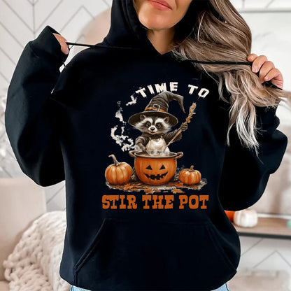 Teesdily | Time To Stir The Pot Witch Halloween Shirt, Funny Raccoon Witch Retro Halloween Sweatshirt, Spooky Season Hoodie Mug Gift