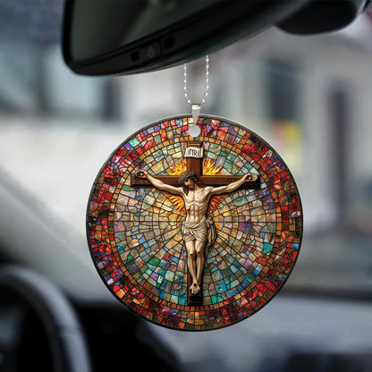 Teesdily | Jesus Crucifixion Ornament Car Hanging, Jesus Christ Cross Car Rear View Mirror, Church Religious Acrylic Ornament, King Jesus Lover Gift