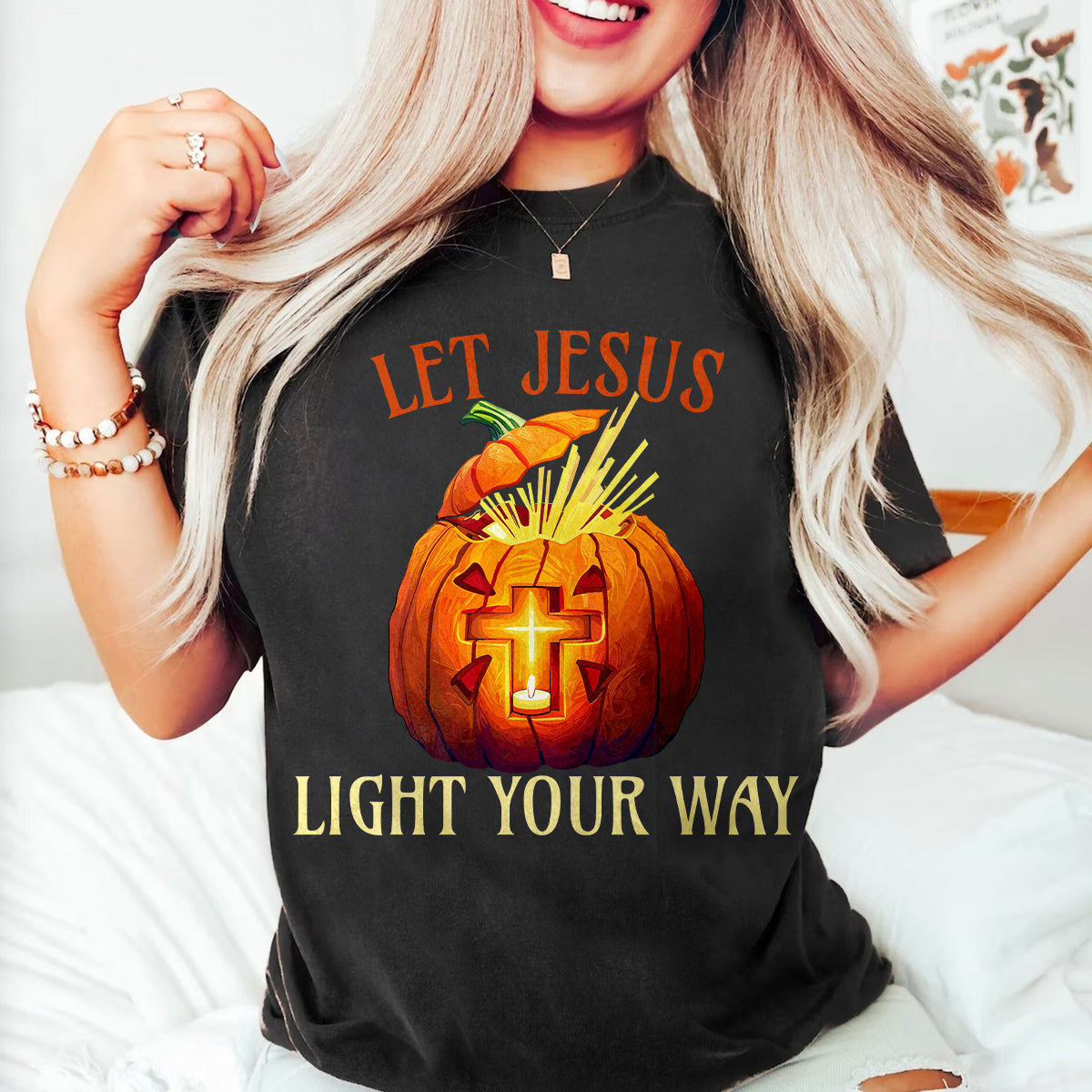 Teesdily | Jesus Pumpkin Cross Shirt, Let Jesus Light Your Way T-shirt, Jesus Light Pumpkin Sweatshirt Hoodie Mug, Happy Halloween Christian Gift