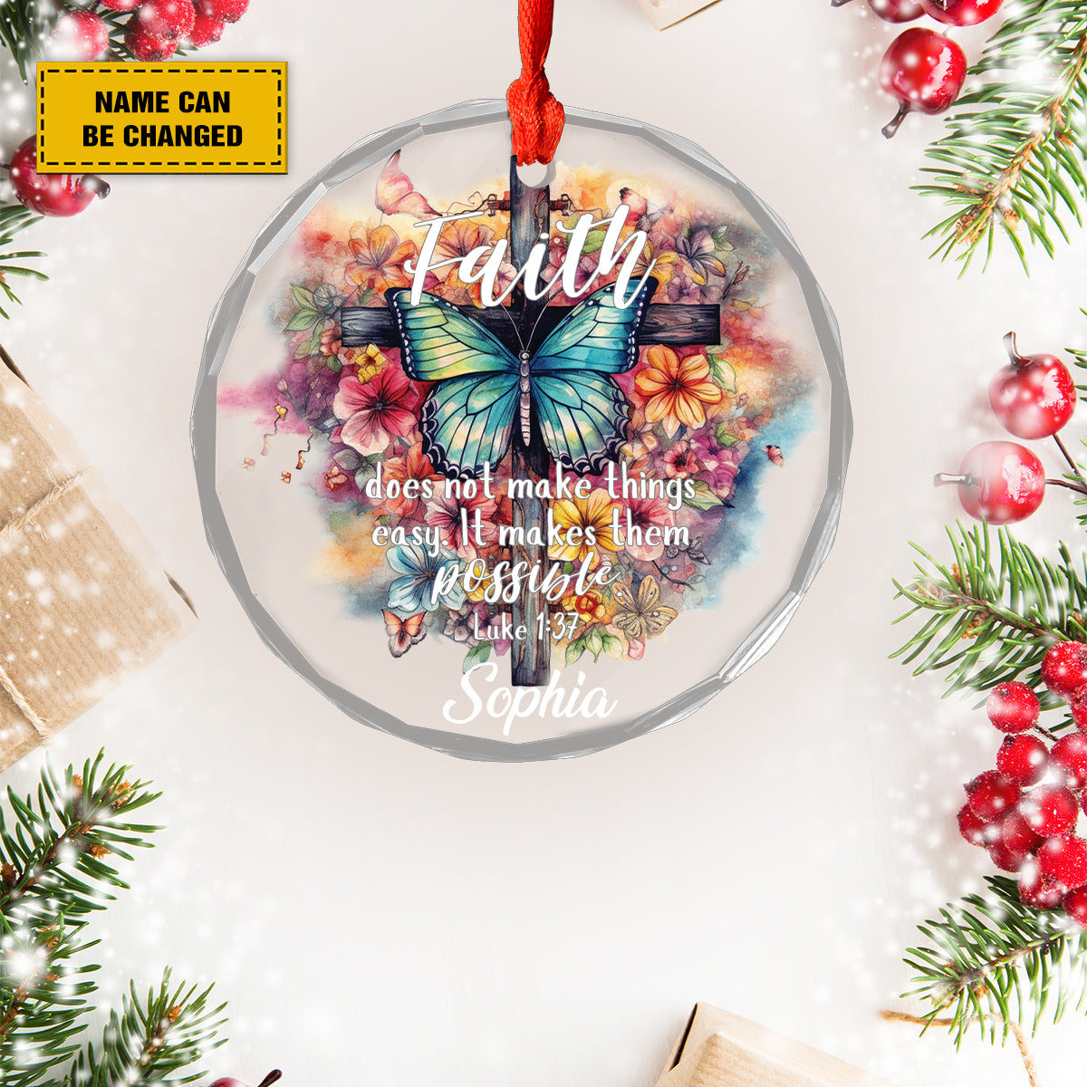 Teesdily | Custom Jesus Cross Butterfly Ornament Christmas, Faith Does Not Make Things Easy It Makes Them Possible Ornament, Christ Flower Ornaments