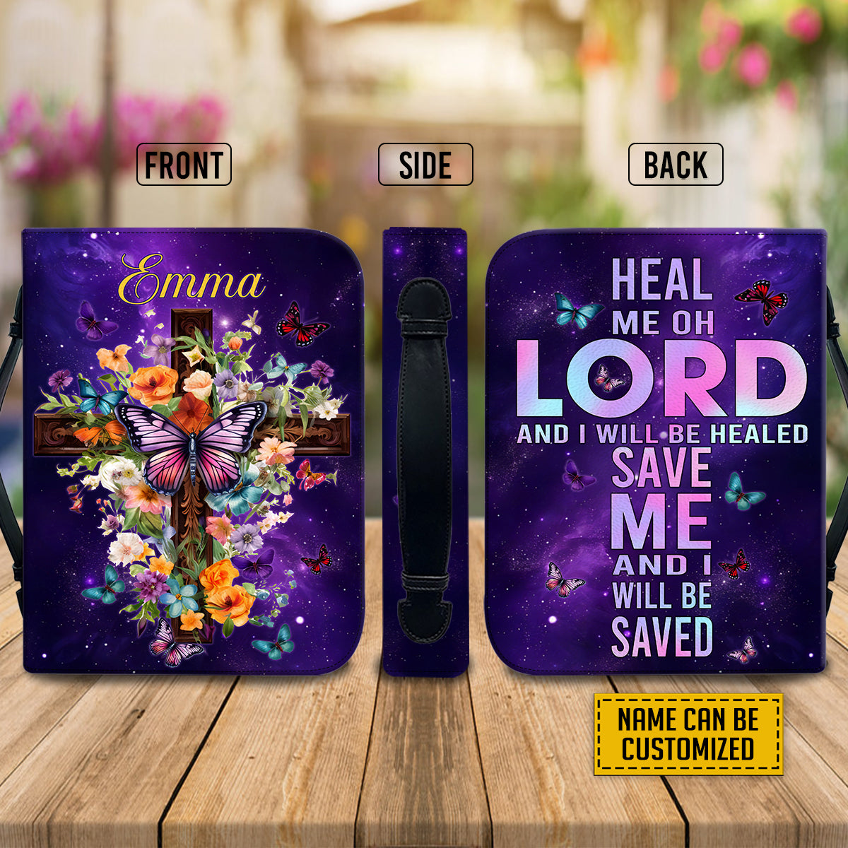 Teesdily | Jesus Cross Floral Customized Bible Cover Heal Me Oh Lord And I Will Be Healed Bible Case Butterfly Galaxy Print Gift For Women In Faith