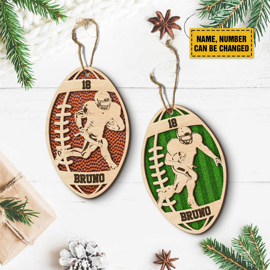 Teesdily | Personalized Football Wood Christmas Ornament, Custom Name Number Football Player, Sports Team Ornament, Christmas Gift