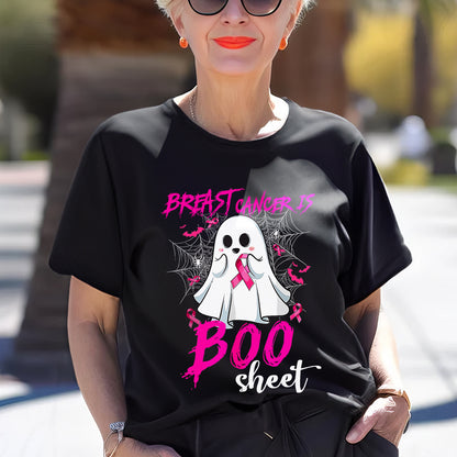 Teesdily | Pink Ribbon Breast Cancer Is Boo Sheet Shirt, Cute Halloween Ghost Boo Sweatshirt, Cancer Survivor Hoodie Mug