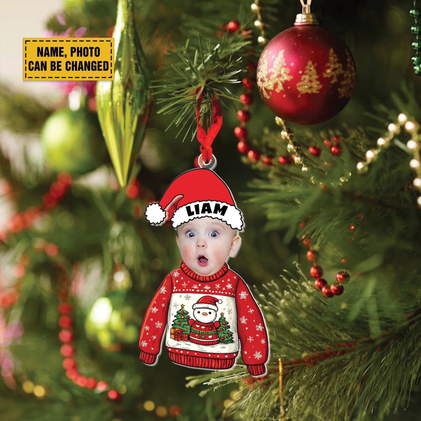 Teesdily | Customized Christmas Ugly Sweater Kid Ornament, Baby Photo Sweatshirt Ornament Christmas, Kid Hat Santa Christmas Gift