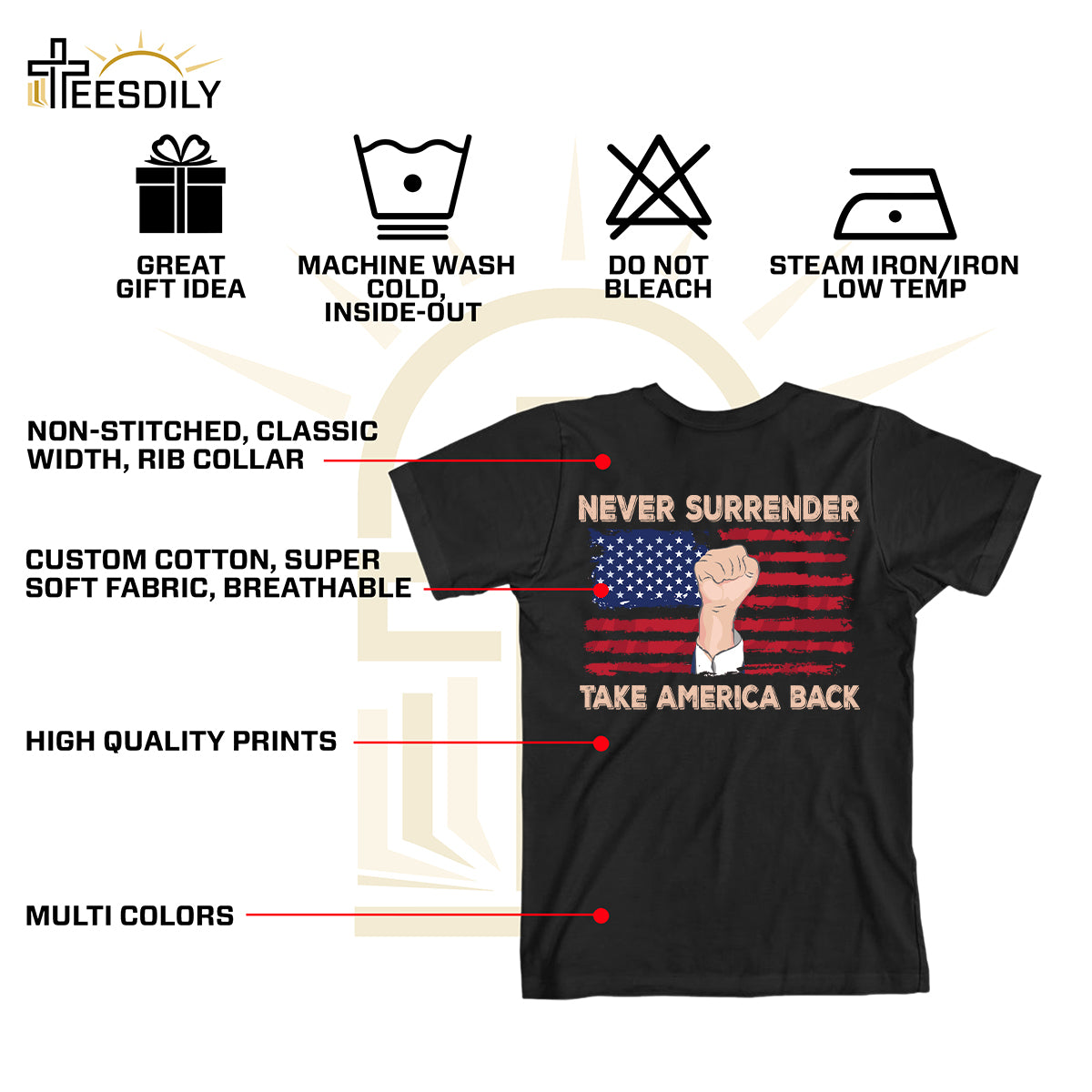 Teesdily | American Flag Shirt, Never Surrender Take America Back Tee Sweatshirt Hoodie Mug, Legend Usa 2024 Shirt, Patriotic Shirt Gift Men And Women