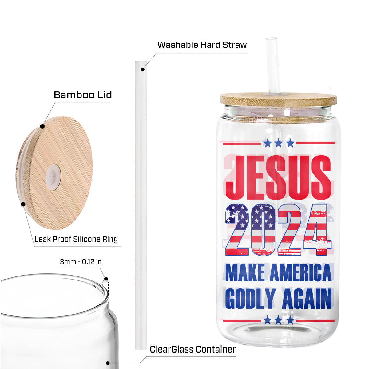 Teesdily | Jesus American Flag Glass Can, Jesus 2024 Make America Godly Again Coffee Cup, God Lovers Gifts, Frosted / Clear Glass Can With Straw