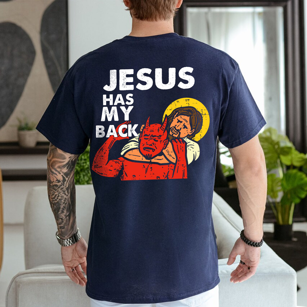 Teesdily | Jesus Red Devil Casual Shirt, Jesus Has My Back Hoodie Sweatshirt Mug, Bible Verse Pullover Religious Crewneck, Faith Based Apparel