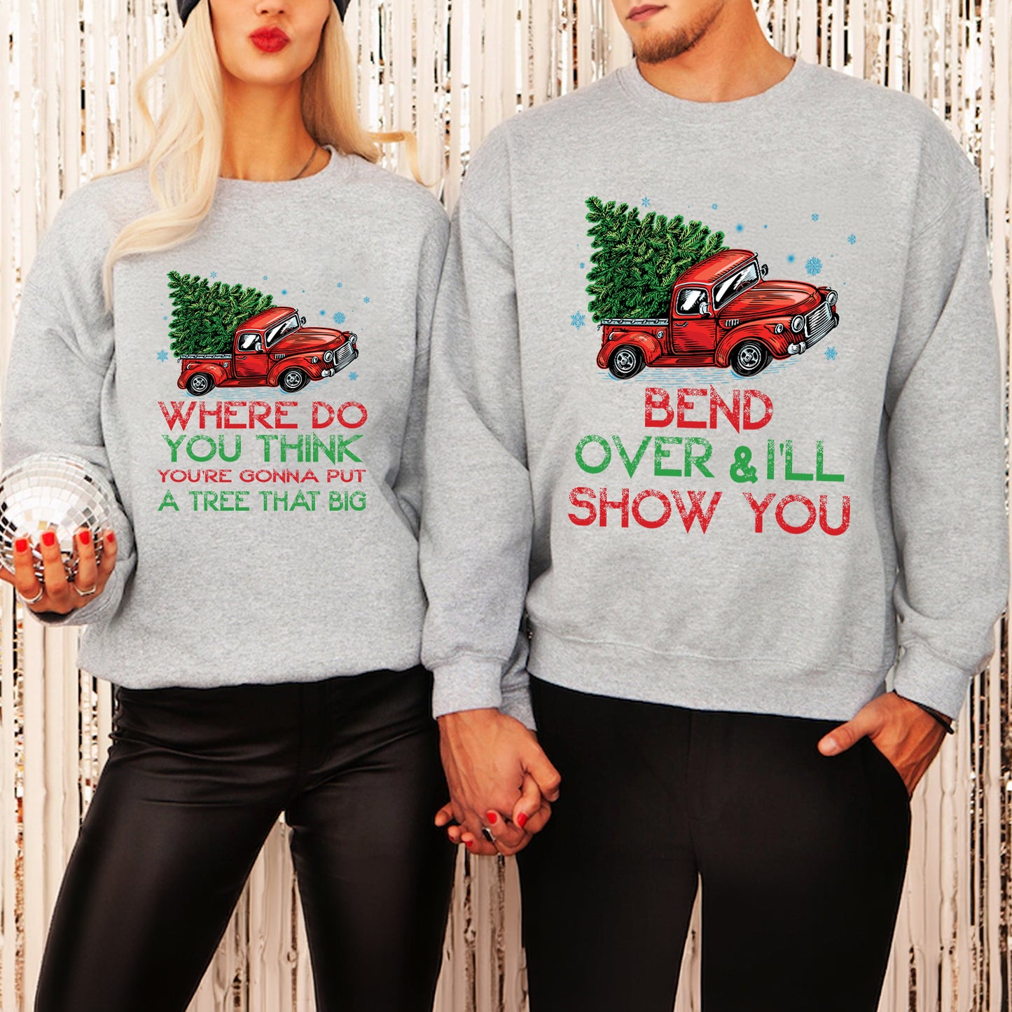 Teesdily | Bend Over And I'll Show You Christmas Couple Shirt, Christmas Vacation Matching Shirt Hoodie Mug, Red Truck Car Sweatshirt