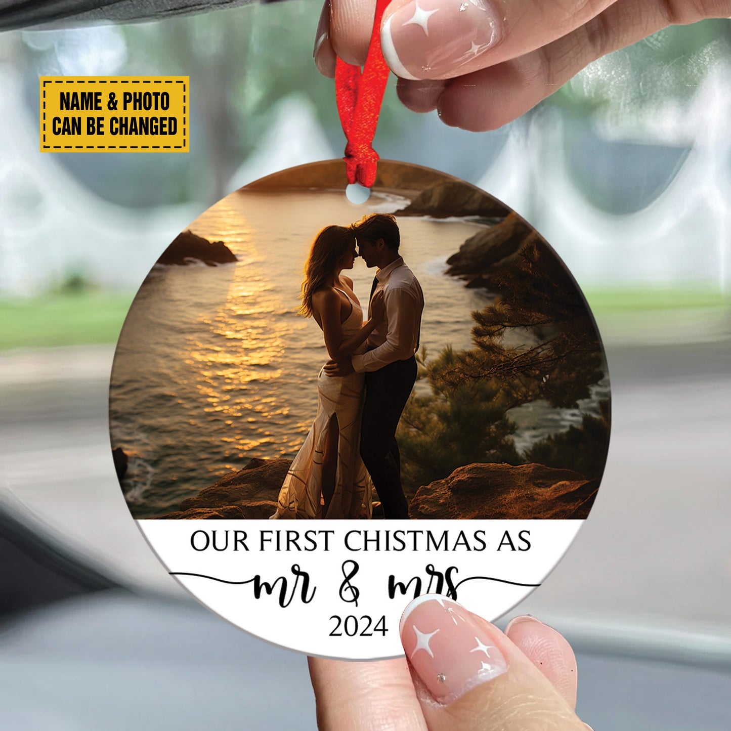 Teesdily | Personalized Photo First Christmas As Mr & Mrs Ornament 2024, Engagement Photo Ornament, 1st Anniversary Wedding Gift, In Memory Ornament