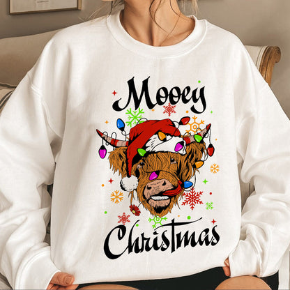 Teesdily | Highland Cow Christmas Shirt, Mooey Christmas Sweatshirt Hoodie Mug, Cow Santa Tee, Farm Christmas Cow Shirts