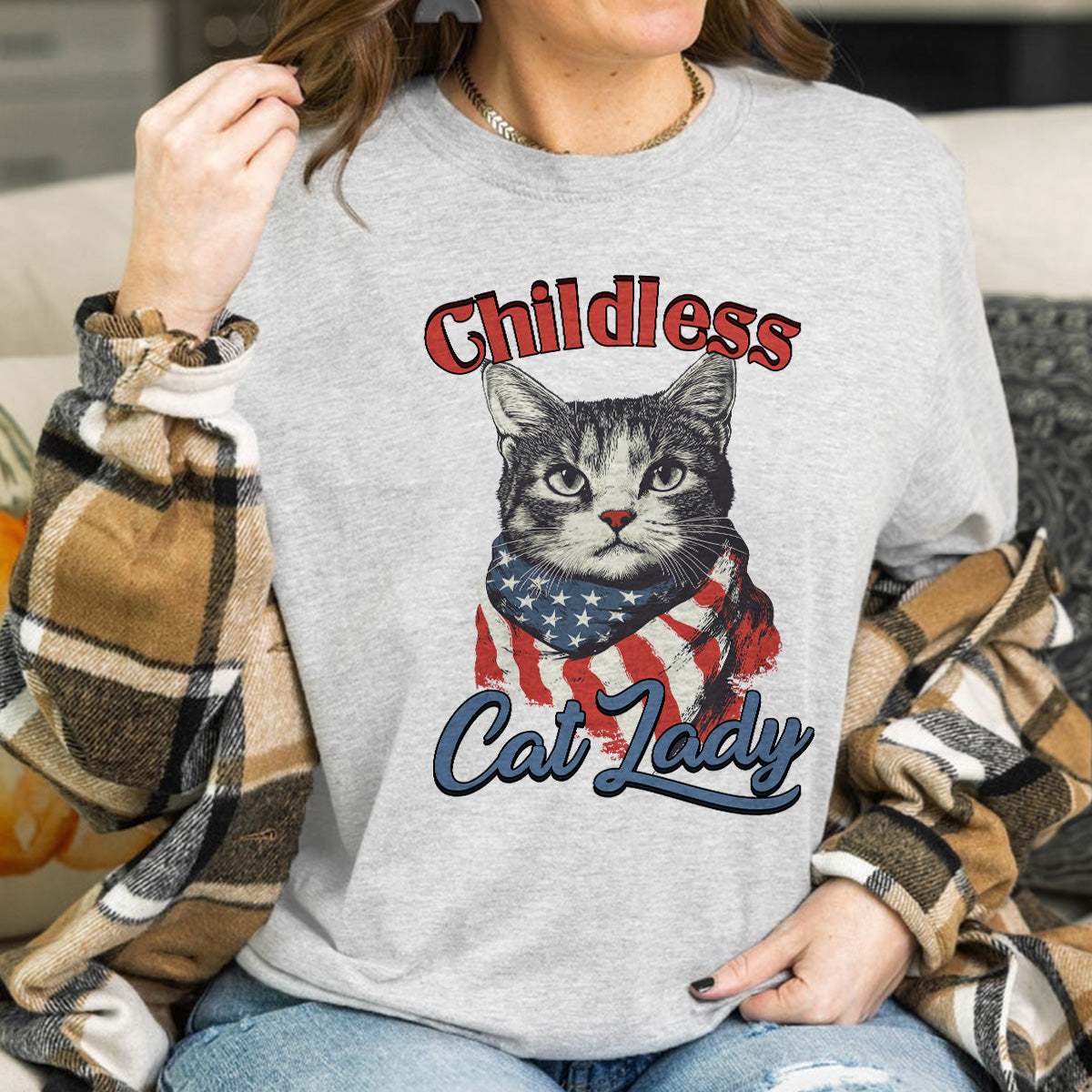 Teesdily | Childless Cat Lady Shirt, Childless Cat Lady For Ka-mala T-shirt, Cat American Flag Sweatshirt Hoodie Mug, Cat Lover Gift