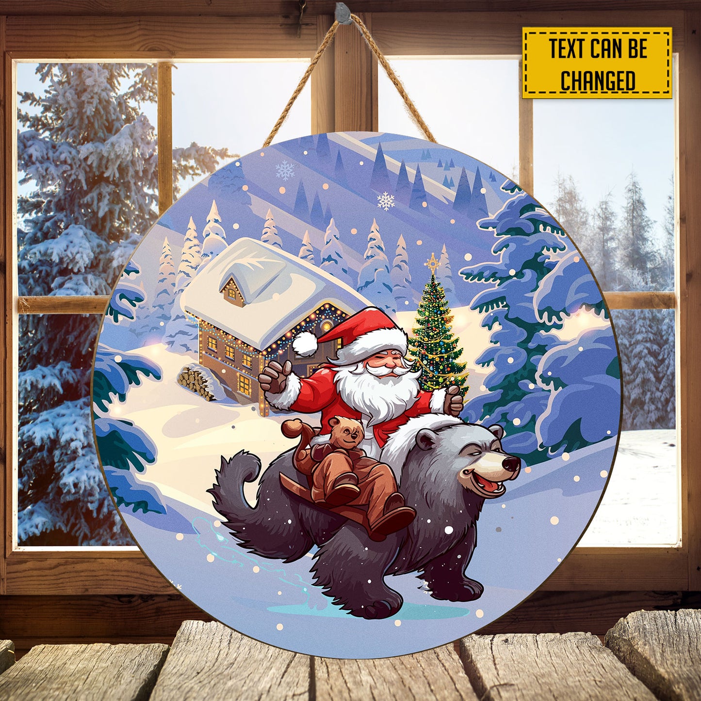 Teesdily | Customized Name Funny Santa Claus And Bear Round Wood Sign Merry Christmas Wood Door Hanger Noel Christmas Day Gifts