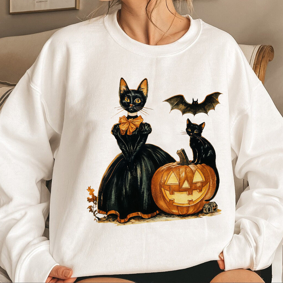 Teesdily | Cat Witch Halloween Shirt, Retro Halloween Pumpkin Sweatshirt, Black Cat Spooky Season Hoodie Mug, Cat Lover Gift