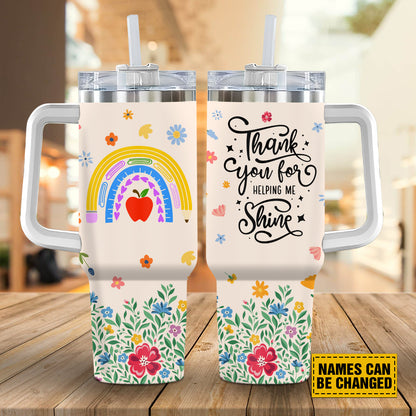 Teesdily | Teacher Rainbow Personalized Tumbler 40oz, Teacher Meadow Print Tumbler, Thank You For Helping Me Grow, Teacher Appreciation Custom Gifts