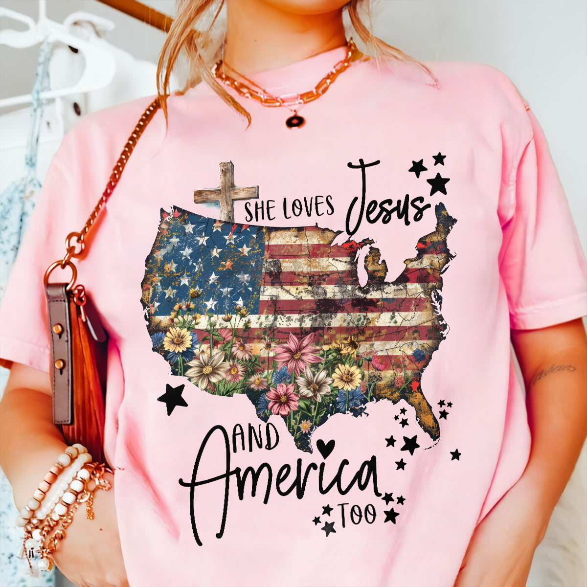 Teesdily | Jesus American Flag Flower Cross Shirt, She Loves Jesus And America Too Sweatshirt, US Pride Patriot Hoodie, Independence Day Gifts