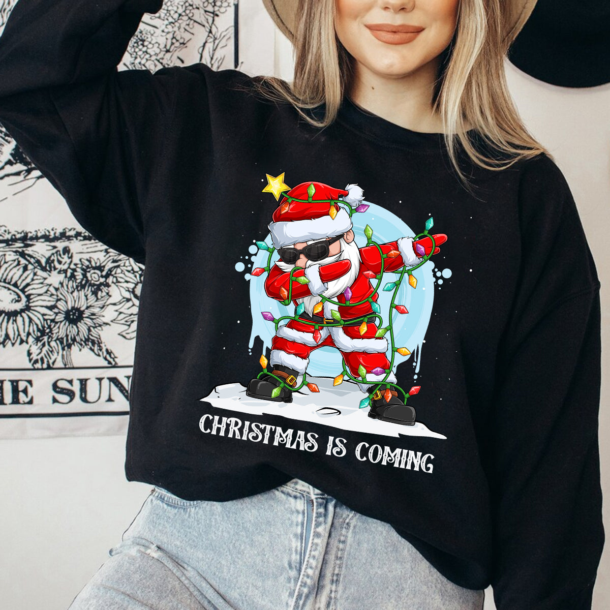 Teesdily | Funny Santa Dancing Shirt, Christmas Is Coming Sweatshirt, Santa Christmas Lights Hoodie, Family Matching Shirt For Holiday