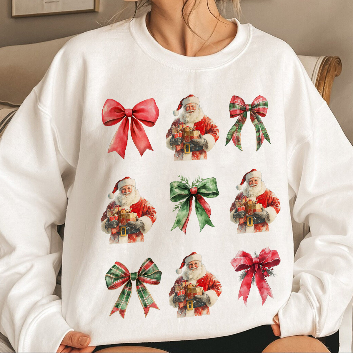 Teesdily | Christmas Coquette Bow Santa Shirt, Santa Coquette Bow Sweatshirt, Vintage Christmas Bow Hoodie, Retro Christmas Family T-shirt, Xmas Gift