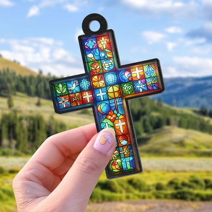 Teesdily | Customized Suncatcher Style, Jesus Cross Suncatcher Christmas Ornament, Xmas Home Decoration, Jesus Lovers Gift, God Faith Believers Gifts