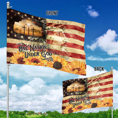 Teesdily | One Nation Under God Garden Flag, Christian Jesus American Flag Yard Home Banner, Christ Cross Sunflower House Flag, Jesus Lover Gift