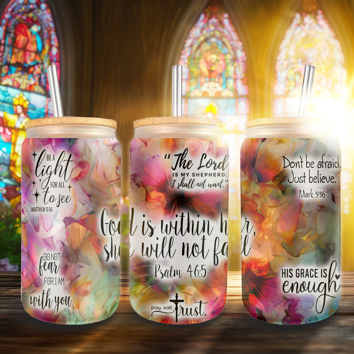 Teesdily | Jesus Christ Floral Tumbler Glass, God Is Within Her She Will Not Fall Cup, God Bible Verse Quotes Frosted Can, Christian Gifts For Women Faith