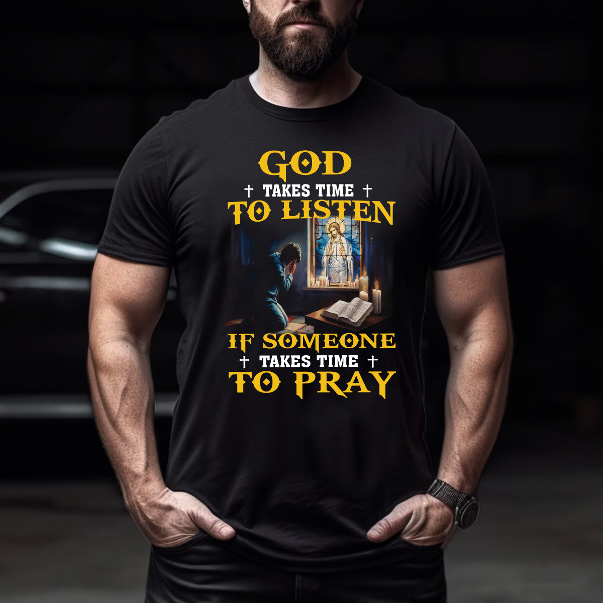Teesdily | God Takes Time To Listen If Someone Takes Time To Pray Shirt Christian Gift Unisex Tshirt Hoodie Sweatshirt Mug