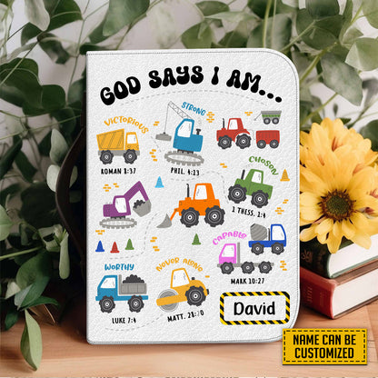 Teesdily | Truck Car Customized Leather Bible Cover, God Says I Am Bible Cover For Boys, God Bible Verse Bible Holder, Christian Gifts For Kids