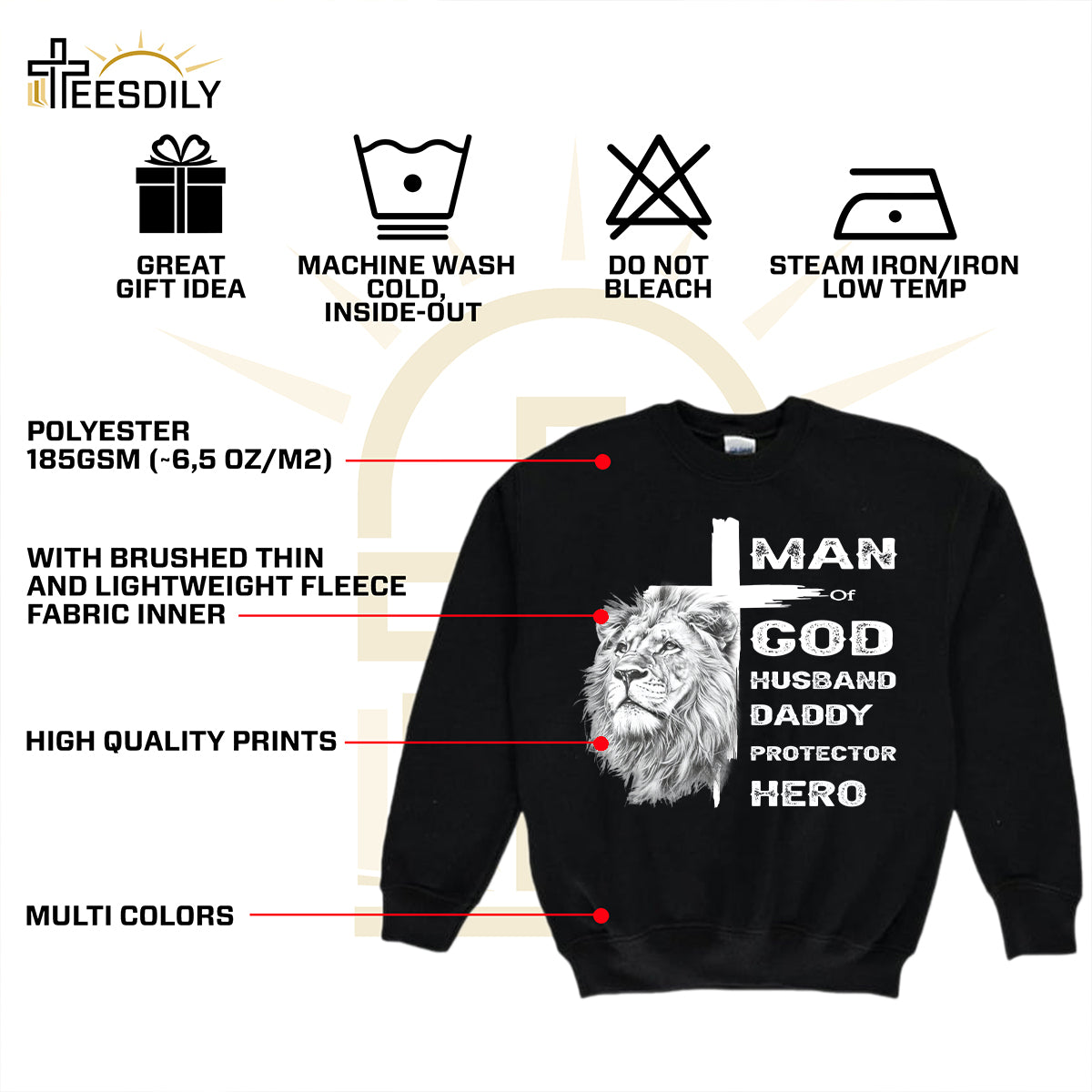 Teesdily | Jesus Lion Cross Shirt, Man Of God Husband Daddy Protector Hero, Jesus Lover Gift, Unisex Tshirt Hoodie Sweatshirt Mug