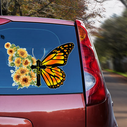 Teesdily | God Faith Butterfly Car Decal Sticker, Sunflower Faith Car Window Decal, Christian Car Decor, Jesus God Car Vinyl Decal