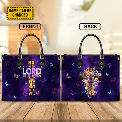 Teesdily | Customized Jesus Cross Butterfly Floral Bag, Heal Me Lord Save Me Bible Verse Leather Bag, Flower Bag Woman, Christmas Gift For Jesus Lover