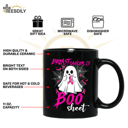 Teesdily | Pink Ribbon Breast Cancer Is Boo Sheet Shirt, Cute Halloween Ghost Boo Sweatshirt, Cancer Survivor Hoodie Mug