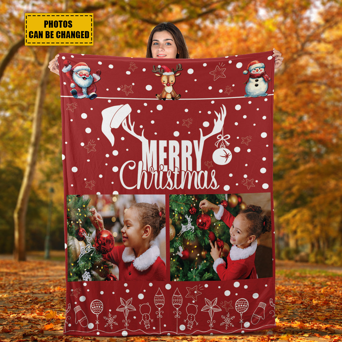 Teesdily | Nursery Personalized Sherpa Blanket With Photo Woodland Animal Baby Blanket Merry Christmas Fleece Blanket Christmas Xmas Gift For Kids