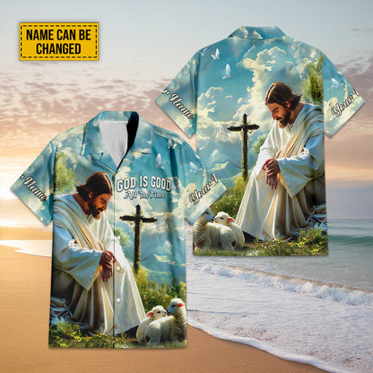 Teesdily | Customized Jesus And Lambs Hawaiian Shirt, God Is Good All The Time Hawaii Shirt, Lamb Of God Summer Aloha Set, Christ Religious Gifts