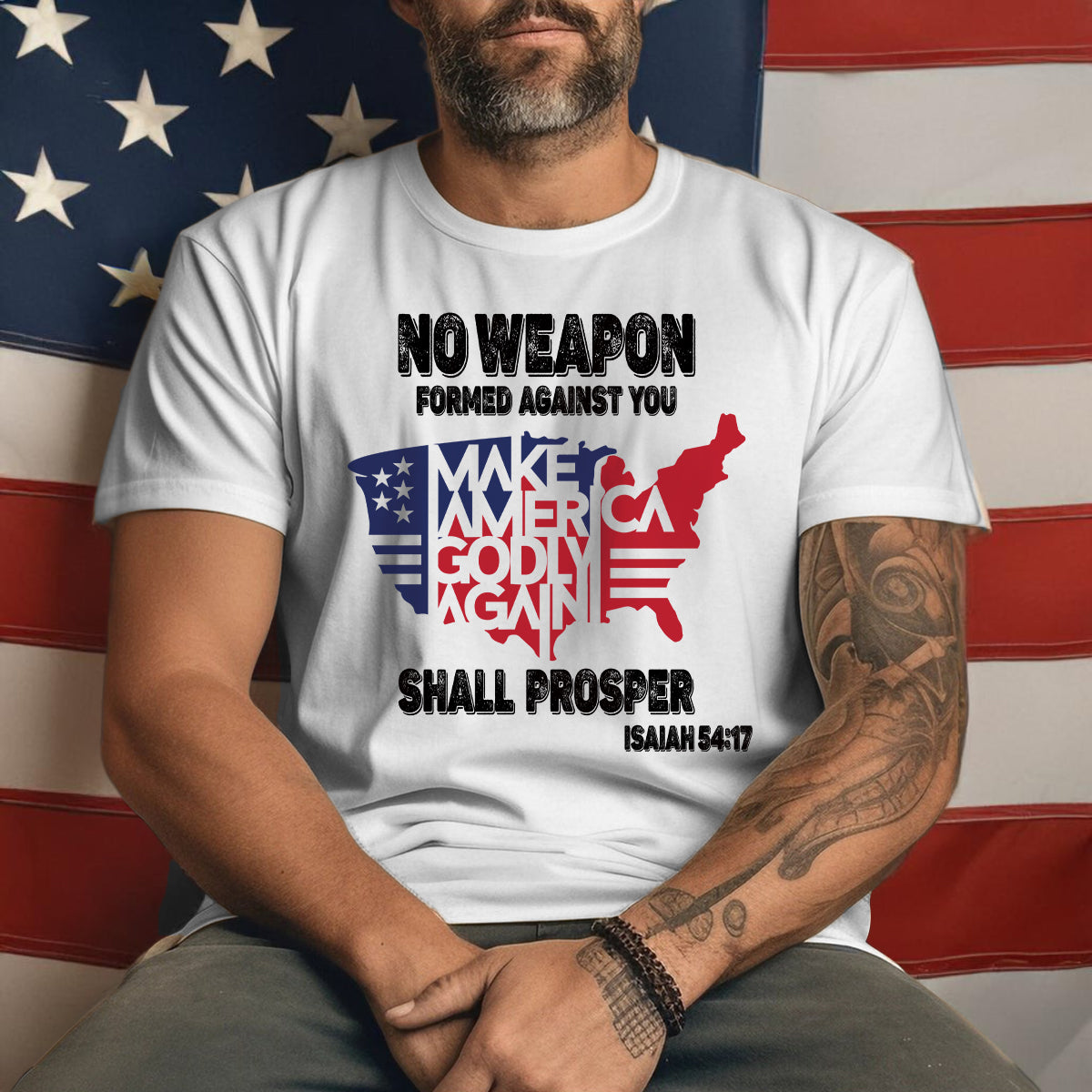 Teesdily | Jesus American Flag Map Shirt, No Weapon Formed Against You Shall Prosper T-shirt, God Bless America Sweatshirt Hoodie Mug, Patriot Gift