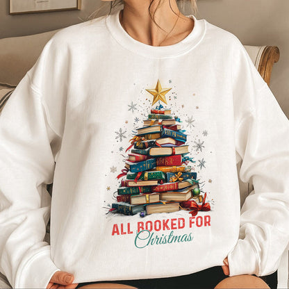 Teesdily | All Booked For Christmas Shirt, Bookworm Christmas Sweatshirt, Bookish Hoodie Mug, Gift For Librarian Book Lover