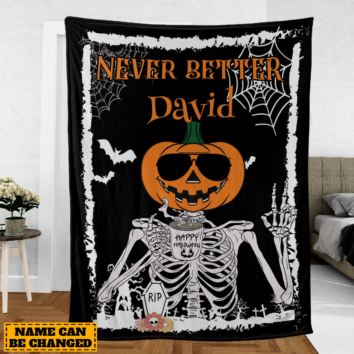 Teesdily | Customized Never Better Skeleton Blanket, Halloween Pumpkin Skeleton Coffee Throw Blanket, Funny Skeleton Blanket Sofa