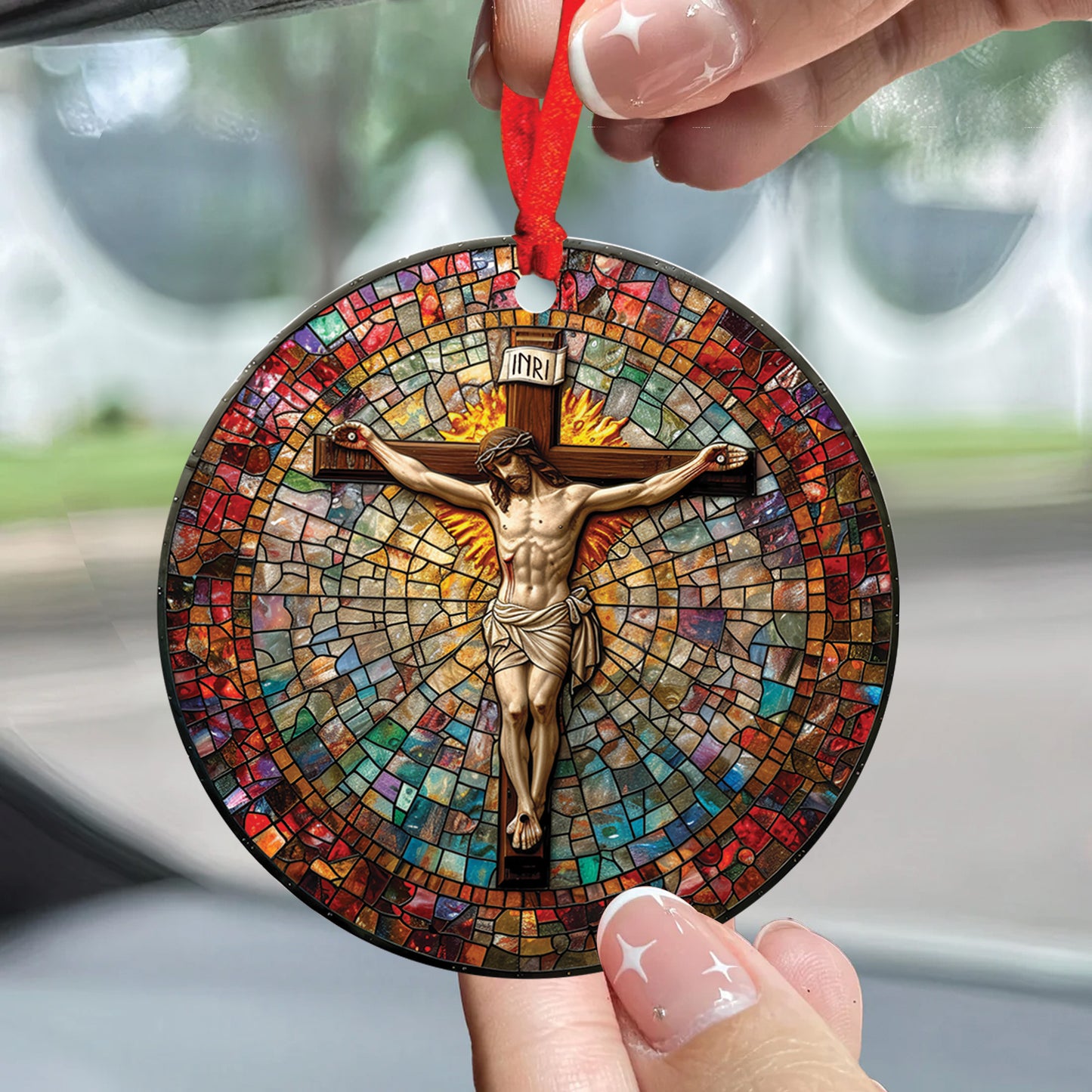 Teesdily | Jesus Crucifixion Ornament Car Hanging, Jesus Christ Cross Car Rear View Mirror, Church Religious Acrylic Ornament, King Jesus Lover Gift